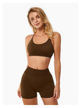 Load image into Gallery viewer, ABOCIW Womens Workout Sets Seamless Criss Cross Back Sports Bra V Back Scrunch Butt Lifting High Waist Biker Shorts 2 Piece Yoga Gym Sets Brown

