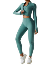 Load image into Gallery viewer, OMEWEE Workout Outfits for Women 3 Piece Long Sleeve Zip Up Cropped Jacket, Sports Bra and Tummy Control Leggings Green

