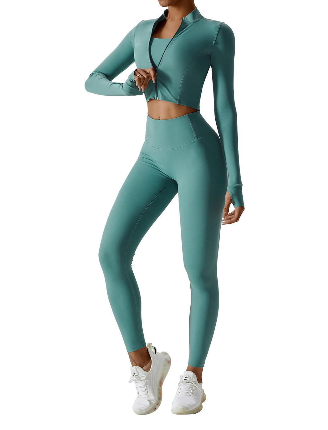 OMEWEE Workout Outfits for Women 3 Piece Long Sleeve Zip Up Cropped Jacket, Sports Bra and Tummy Control Leggings Green