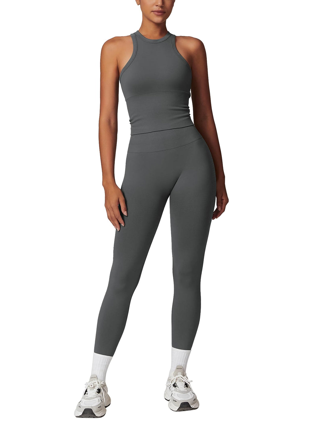 OMEWEE Gym clothes for woman set Racer-back Tank Top and Tummy Control Leggings Yoga sets for women 2 piece Grey