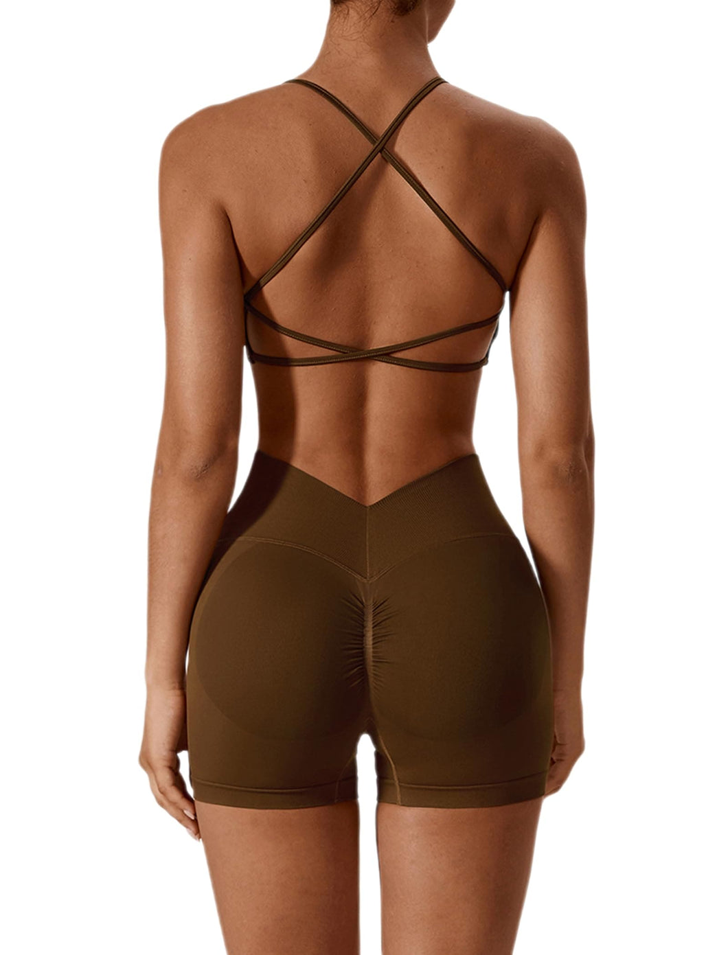 ABOCIW Womens Workout Sets Seamless Criss Cross Back Sports Bra V Back Scrunch Butt Lifting High Waist Biker Shorts 2 Piece Yoga Gym Sets Brown