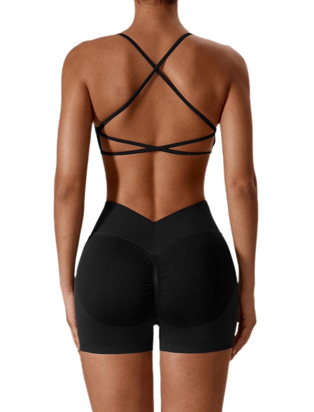 ABOCIW Workout Sets for Women Seamless V Back Scrunch Butt Lifting High Waist Biker Shorts Cross Back Sports Bra 2 Piece Yoga Gym Sets Black