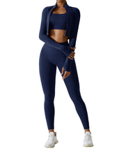 Load image into Gallery viewer, OMEWEE Workout Outfits for Women 3 Piece Long Sleeve Zip Up Cropped Jacket, Sports Bra and Tummy Control Leggings Navy blue
