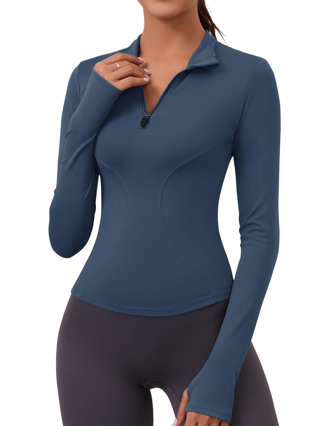 Womens Workout Tops Long Sleeve Slim Crop Top 1/4 Quarter Zip Pullover Yoga Athletic Golf Shirt(Grey Blue)