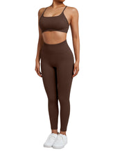 Load image into Gallery viewer, SUUKSESS Women Seamless 2 piece Workout Sets Strappy Padded Sports Bra Booty High Waisted Leggings Outfits (Deep Brown)

