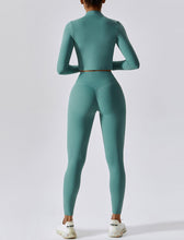 Load image into Gallery viewer, OMEWEE Workout Outfits for Women 3 Piece Long Sleeve Zip Up Cropped Jacket, Sports Bra and Tummy Control Leggings Green
