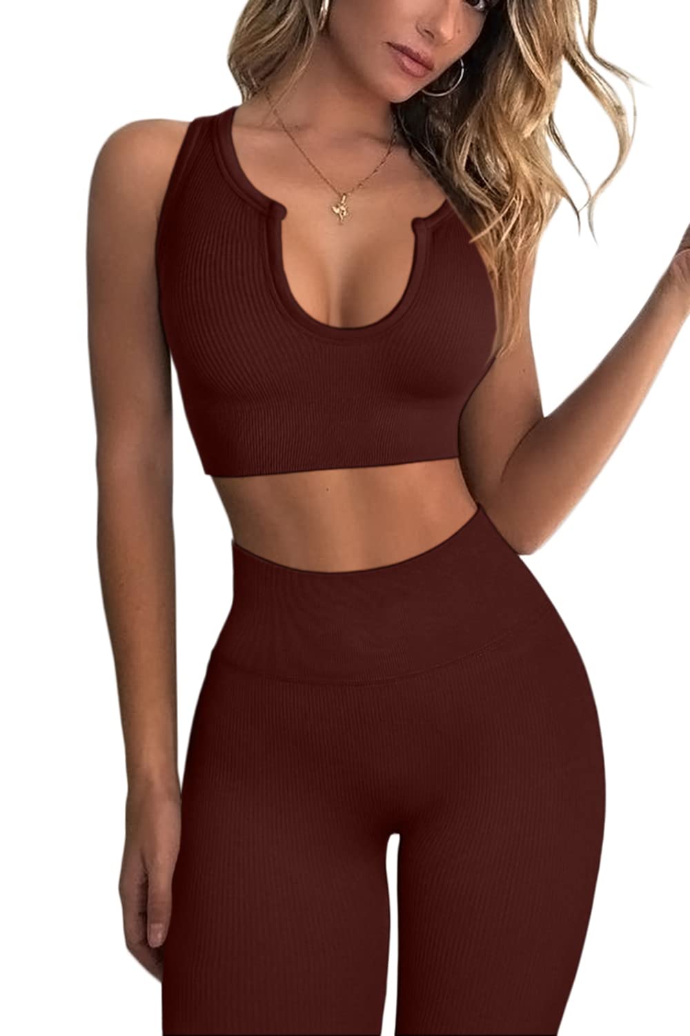 QINSEN Workout Outfits for Women 2 Piece Ribbed Seamless Crop Tank High Waist Yoga Leggings Sets,04 Coffee