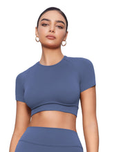 Load image into Gallery viewer, YEOREO Womens Short Sleeve Crop Tops Caliyta Seamless Workout Impact T Shirts Crew Neck Raglan Gym Yoga Tees Slim Fit Blue Gray
