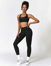 Load image into Gallery viewer, ABOCIW Workout Sets for Women 2 Piece Seamless V Back Scrunch Butt Lifting High Waist Leggings Cross Back Strappy Sports Bra for Women Gym Sets Y- Black
