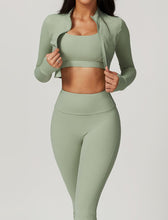 Load image into Gallery viewer, OMEWEE Workout Outfits for Women 3 Piece Long Sleeve Zip Up Cropped Jacket, Sports Bra and Tummy Control Leggings Light green
