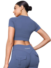 Load image into Gallery viewer, YEOREO Womens Short Sleeve Crop Tops Caliyta Seamless Workout Impact T Shirts Crew Neck Raglan Gym Yoga Tees Slim Fit Blue Gray
