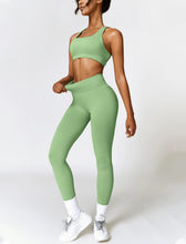 Load image into Gallery viewer, ABOCIW Seamless Cross Back Sports Bra for Women V Back Scrunch Lifting High Waist Leggings 2 Piece Workout Sets for Women Y-Green
