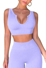 Load image into Gallery viewer, QINSEN Workout Sets for Women 2 Piece Ribbed Seamless Notch Neckline Padded Sport Bra High Waist Leggings GMY Yoga Outfit Light Purple
