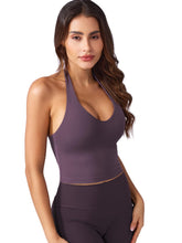 Load image into Gallery viewer, YEOREO Women&#39;s Halter Crop Top V Neck Workout Going Out Tank Top Hazel Padded Sleeveless Backless Trendy Summer Camisole BlackBerry Purple
