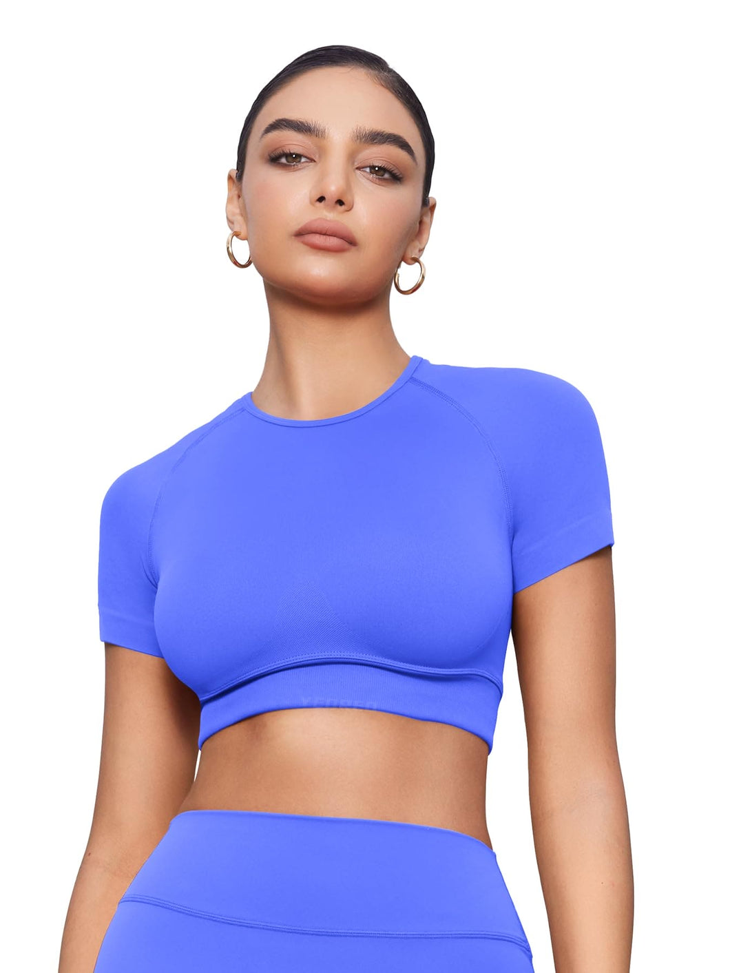YEOREO Womens Short Sleeve Crop Tops Caliyta Seamless Workout Impact T Shirts Crew Neck Raglan Gym Yoga Tees Slim Fit Electric Blue