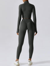 Load image into Gallery viewer, OMEWEE Workout Outfits for Women 3 Piece Long Sleeve Zip Up Cropped Jacket, Sports Bra and Tummy Control Leggings Grey
