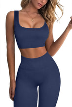 Load image into Gallery viewer, QINSEN Ribbed Workout Outfits for Women 2 Piece Seamless Sport Bra High Waist Yoga Leggings Sets Navy
