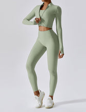 Load image into Gallery viewer, OMEWEE Workout Outfits for Women 3 Piece Long Sleeve Zip Up Cropped Jacket, Sports Bra and Tummy Control Leggings Light green
