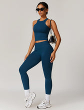 Load image into Gallery viewer, ABOCIW Workout Sets for Women, Ribbed Racerback Tank Top Bra Seamless Scrunch Butt Lifting High Waist Leggings 2 Piece Gym Yoga Outfits Tan Navy Blue
