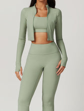 Load image into Gallery viewer, OMEWEE Workout Outfits for Women 3 Piece Long Sleeve Zip Up Cropped Jacket, Sports Bra and Tummy Control Leggings Light green
