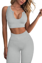 Load image into Gallery viewer, QINSEN Workout Outfits for Women 2 Piece Ribbed Seamless Crop Tank High Waist Yoga Leggings Sets (Light Grey)
