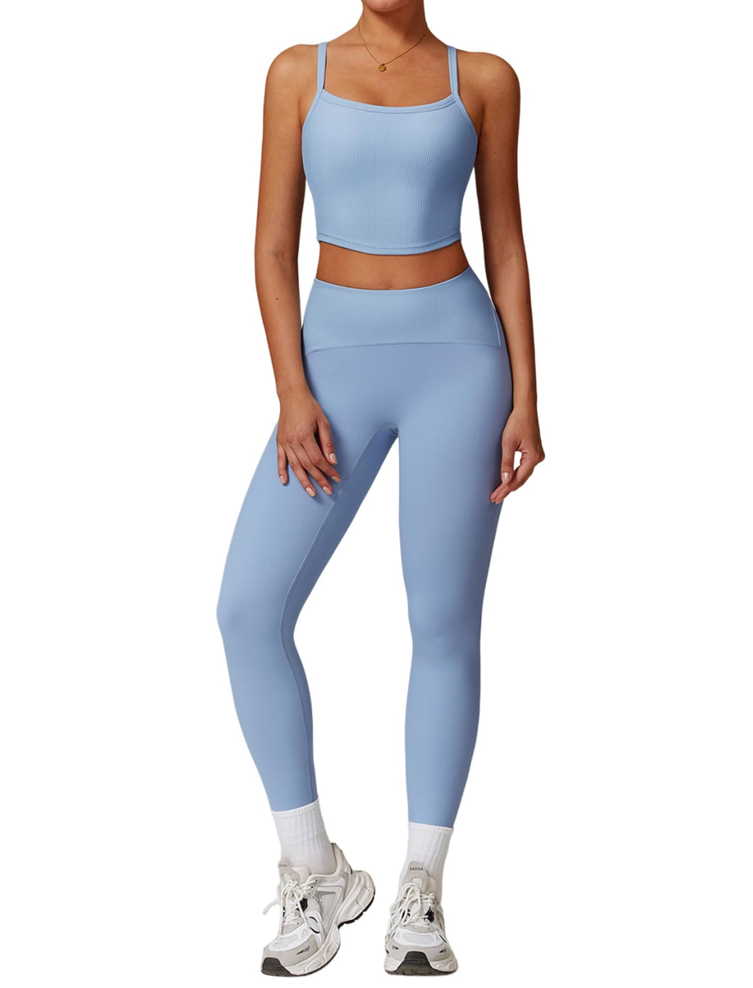 Womens Workout Sets Two Piece Seamless Stretch Cross Back Tank Top Matching Tummy Control High Waist Leggings Set 2 Piece For Women Gym Yoga Active Wear Outfits Athletic Work Out Clothes Blue 2