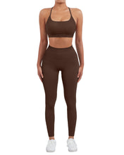 Load image into Gallery viewer, SUUKSESS Women Seamless 2 piece Workout Sets Strappy Padded Sports Bra Booty High Waisted Leggings Outfits (Deep Brown)

