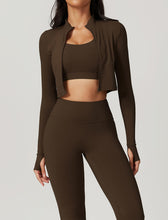 Load image into Gallery viewer, OMEWEE Workout Outfits for Women 3 Piece Long Sleeve Zip Up Cropped Jacket, Sports Bra and Tummy Control Leggings Brown
