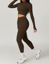 Load image into Gallery viewer, OMEWEE Workout Outfits for Women 3 Piece Long Sleeve Zip Up Cropped Jacket, Sports Bra and Tummy Control Leggings Brown
