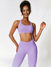 Load image into Gallery viewer, ABOCIW Seamless V Back Scrunch Lifting Leggings for Women Cross Back Strappy Sports Bra 2 Piece Gym Workout Sets Y-Purple
