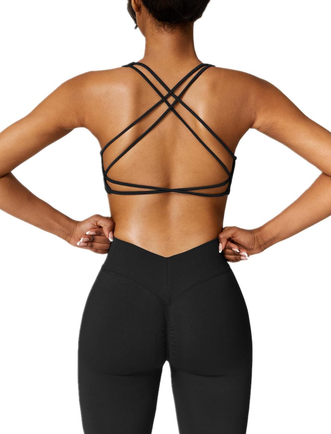 ABOCIW Workout Sets for Women 2 Piece Seamless V Back Scrunch Butt Lifting High Waist Leggings Cross Back Strappy Sports Bra for Women Gym Sets Y- Black