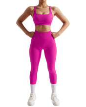 Load image into Gallery viewer, RXRXCOCO Ribbed Workout Sets for Women 2 Piece Backless Strappy Sports Bra Seamless Leggings Matching Set Yoga Outfits Pink
