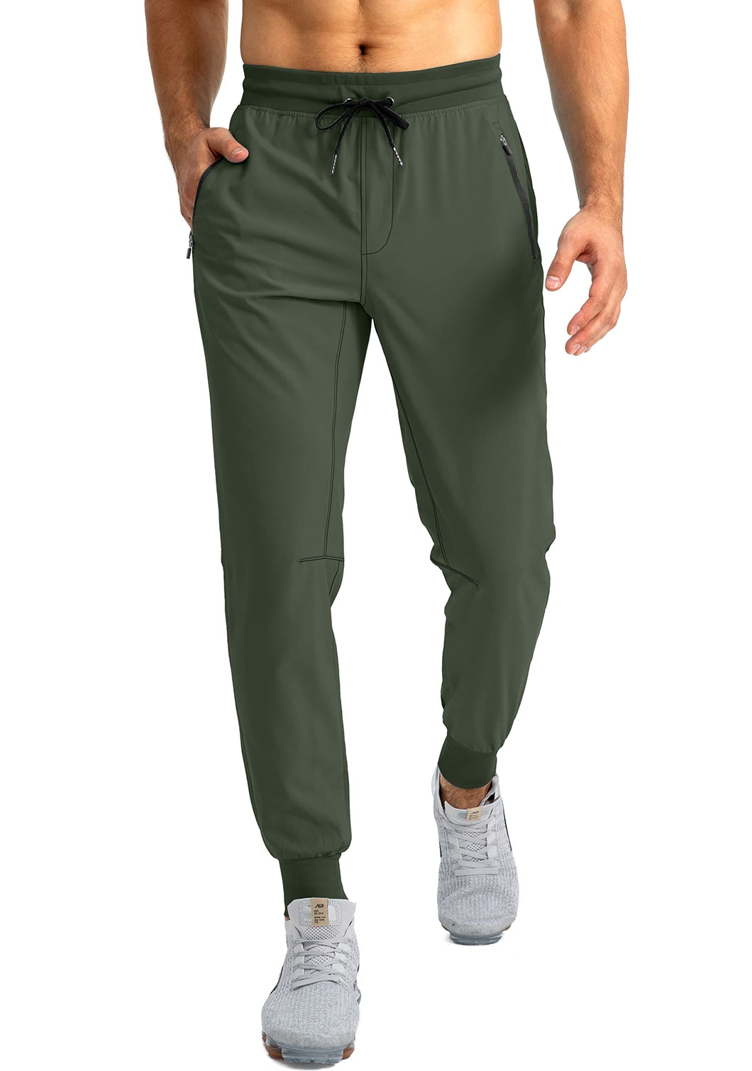 Pudolla Men's Lightweight Jogger Pants Workout Running Tapered Joggers for Men with Zipper Pockets for Athletic Travel Casual(Army Green)