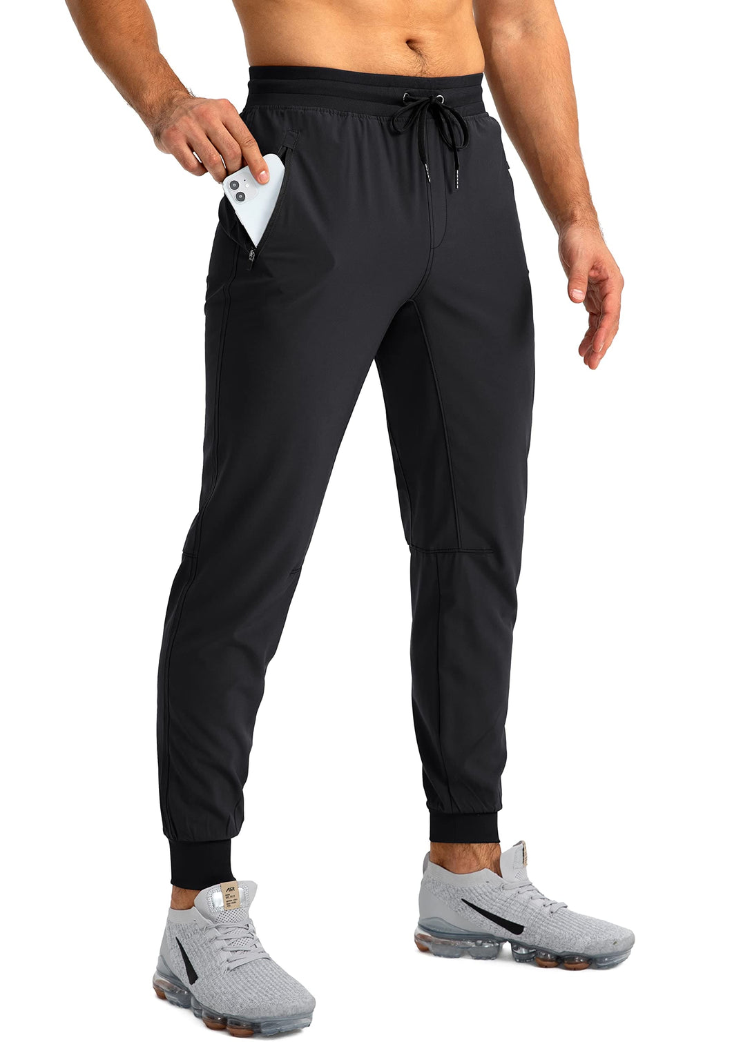 Pudolla Men's Lightweight Jogger Pants Workout Running Tapered Joggers for Men with Zipper Pockets for Athletic Travel Casual(Black)