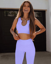 Load image into Gallery viewer, QINSEN Workout Sets for Women 2 Piece Ribbed Seamless Notch Neckline Padded Sport Bra High Waist Leggings GMY Yoga Outfit Light Purple
