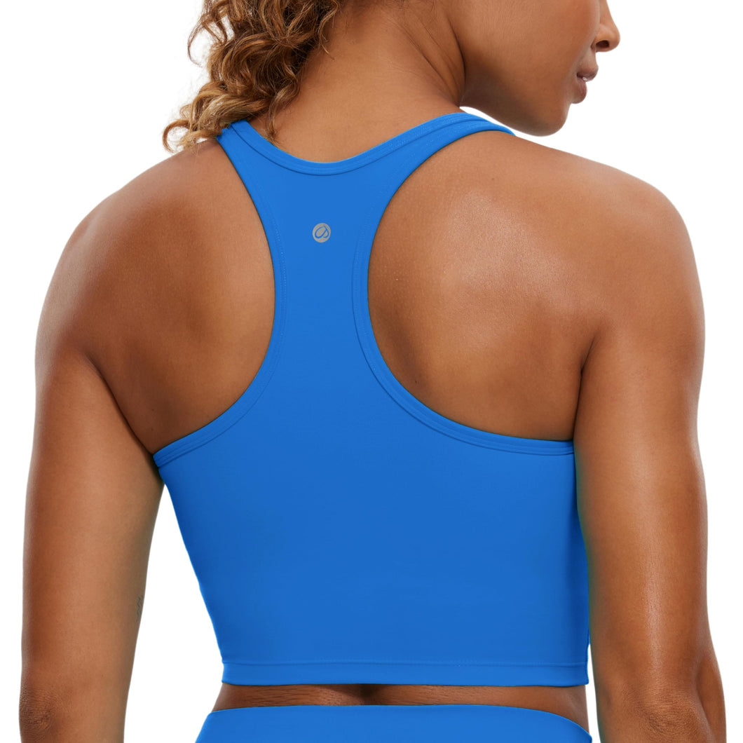 CRZ YOGA Butterluxe Womens Y-Back Racerback Longline Sports Bra - Padded Scoop Neck Workout Crop Tank Top with Built in Pads Sparkle Blue