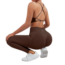 Load image into Gallery viewer, SUUKSESS Women Seamless 2 piece Workout Sets Strappy Padded Sports Bra Booty High Waisted Leggings Outfits (Deep Brown)
