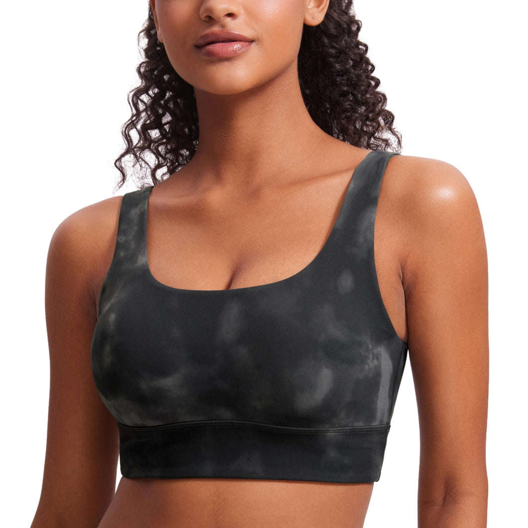 CRZ YOGA Butterluxe Womens U Back Sports Bra - Scoop Neck Padded Low Impact Yoga Clothes Workout Crop Top with Built in Pads Grey Tie Dye Flowers