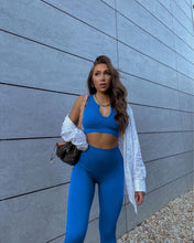 Load image into Gallery viewer, QINSEN Ribbed Womens 2 Piece Workout Sets Notch Neckline Crop Tank Seamless High Waist Yoga Leggings Gmy Outfit Sapphire Blue
