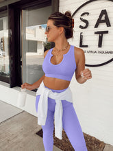 Load image into Gallery viewer, QINSEN Workout Sets for Women 2 Piece Ribbed Seamless Notch Neckline Padded Sport Bra High Waist Leggings GMY Yoga Outfit Light Purple
