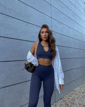 Load image into Gallery viewer, QINSEN Women&#39;s Yoga Workout Outfits 2 Piece High Waisted Leggings with Sports Bra Gym Clothes Sets 08 Dark Blue
