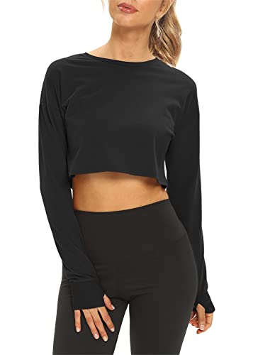 Mippo Long Sleeve Workout Shirts for Women Yoga Gym Crop Top Long Sleeve Athletic Running Shirts Loose Fit Gymshark Tops Cropped Tshirts Cute Workout Clothes Black M