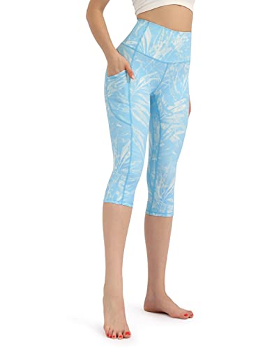ODODOS Women's High Waisted Printed Yoga Capris with Pocket, Tummy Control Non See Through Workout Sports Running Athletic Capri Leggings, Plus Size, Blue Tropical, XX-Large
