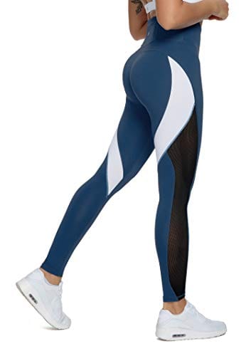 QUEENIEKE Women Yoga Pants Color Blocking Mesh Workout Running Leggings Tights Size S Color Dark Blue