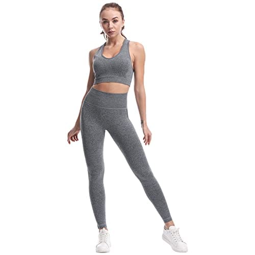 JOJOANS Women's Workout Outfit 2 Pieces Seamless Yoga Workout Set High Waist Leggings with Sports Bra Gym Clothes Sets Grey