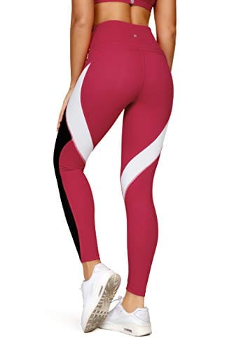 QUEENIEKE Women Yoga Pants Color Blocking Mesh Workout Running Leggings Tights Size XS Color Red