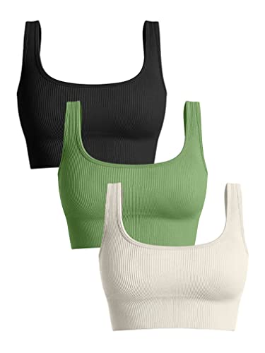 OQQ Women's 3 Piece Medium Support Tank Top Ribbed Seamless Removable Cups Workout Exercise Sport Bra Black Green Beige