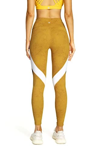 QUEENIEKE Women Yoga Pants Color Blocking Mesh Workout Running Leggings Tights Size XS Color Gloden Yellow Tie -dye