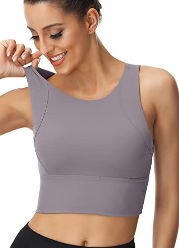 High Neck Sports Bra for Women Longline Full Coverage Sports Bras Medium Impact Padded Workout Crop Tops for Yoga Gym