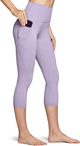 TSLA High Waist Yoga Pants with Pockets, Tummy Control Yoga Leggings, Non See-Through Workout Running Tights, Capris Pocket Peachy Lavender